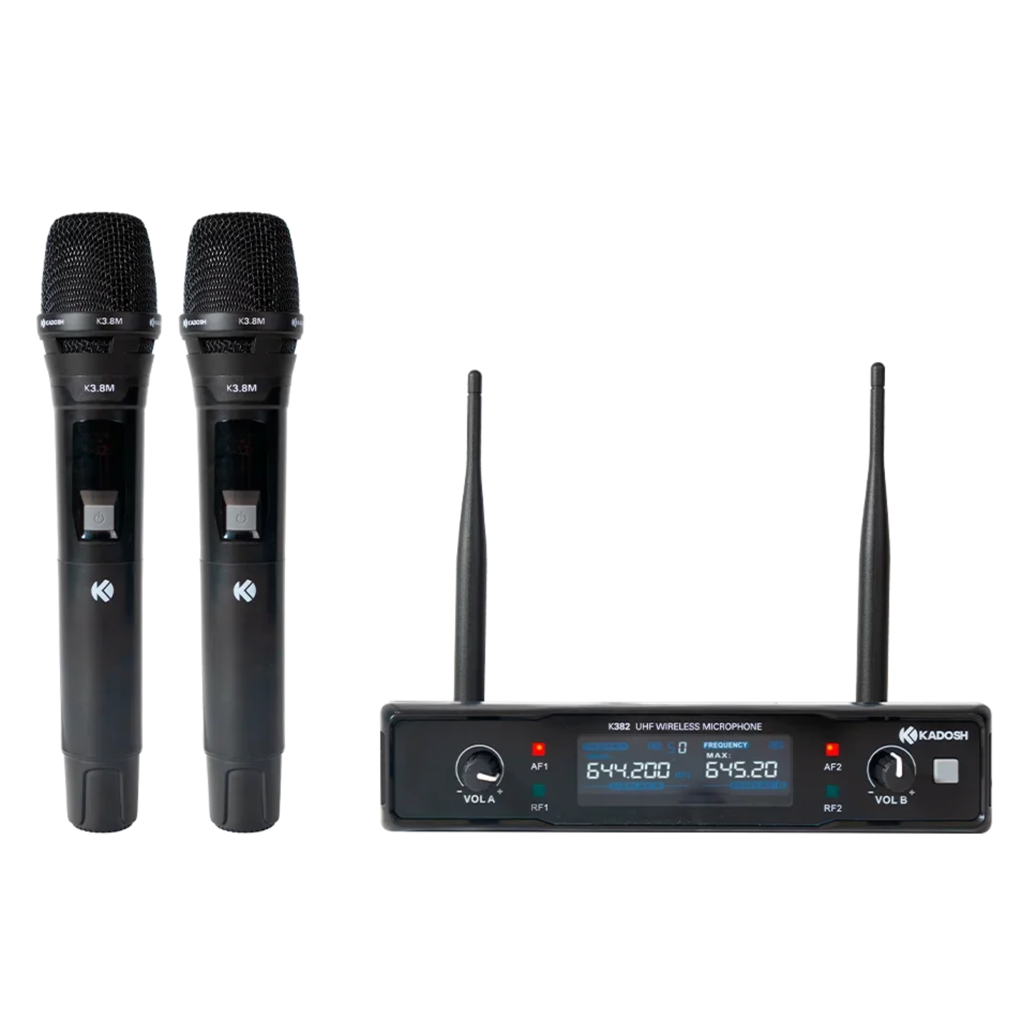 Sistema de Microfone Sem Fio UHF Kadosh K-382M Duplo com 2 Microfones de Mão Dinâmicos Cardioides