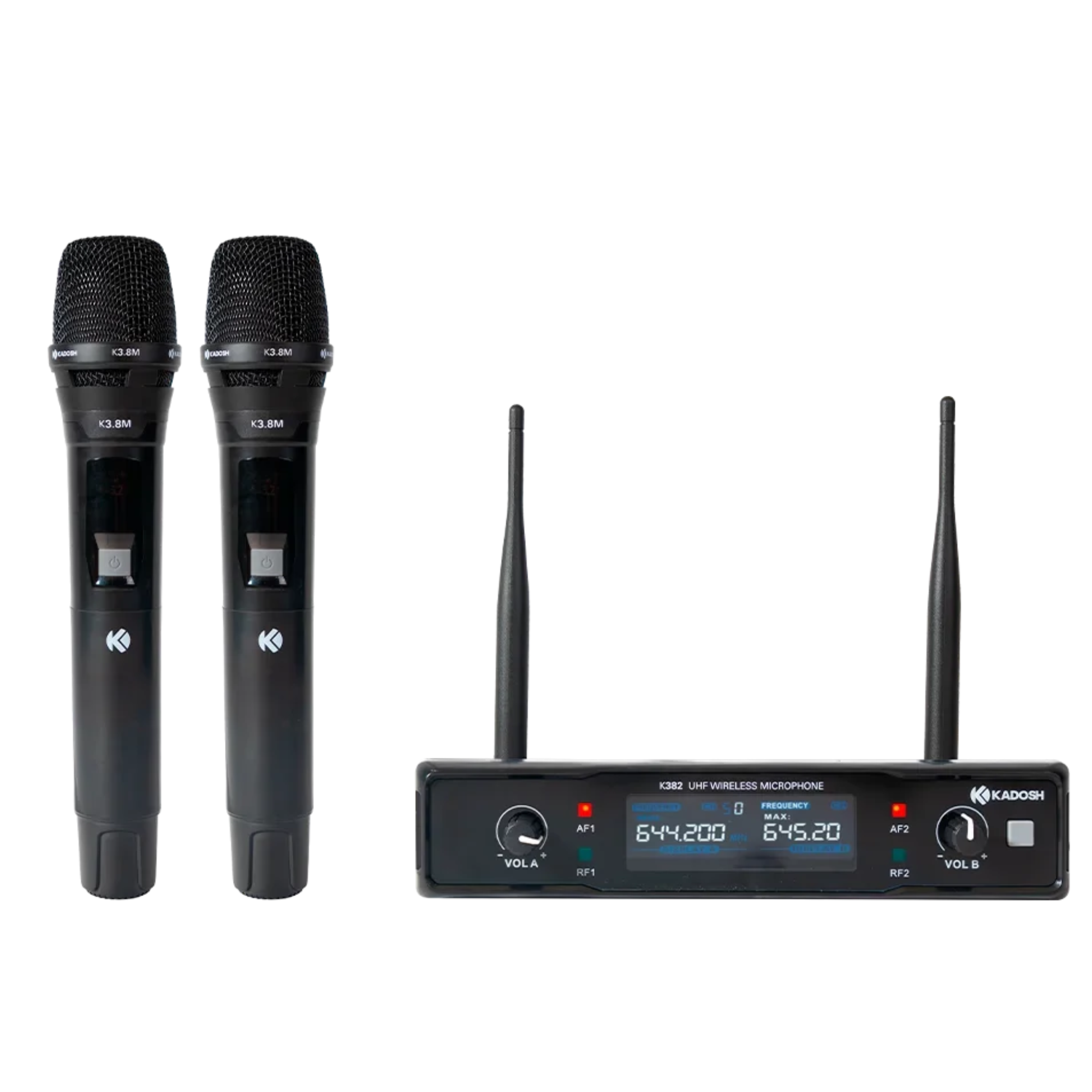 Sistema de Microfone Sem Fio UHF Kadosh K-382M Duplo com 2 Microfones de Mão Dinâmicos Cardioides