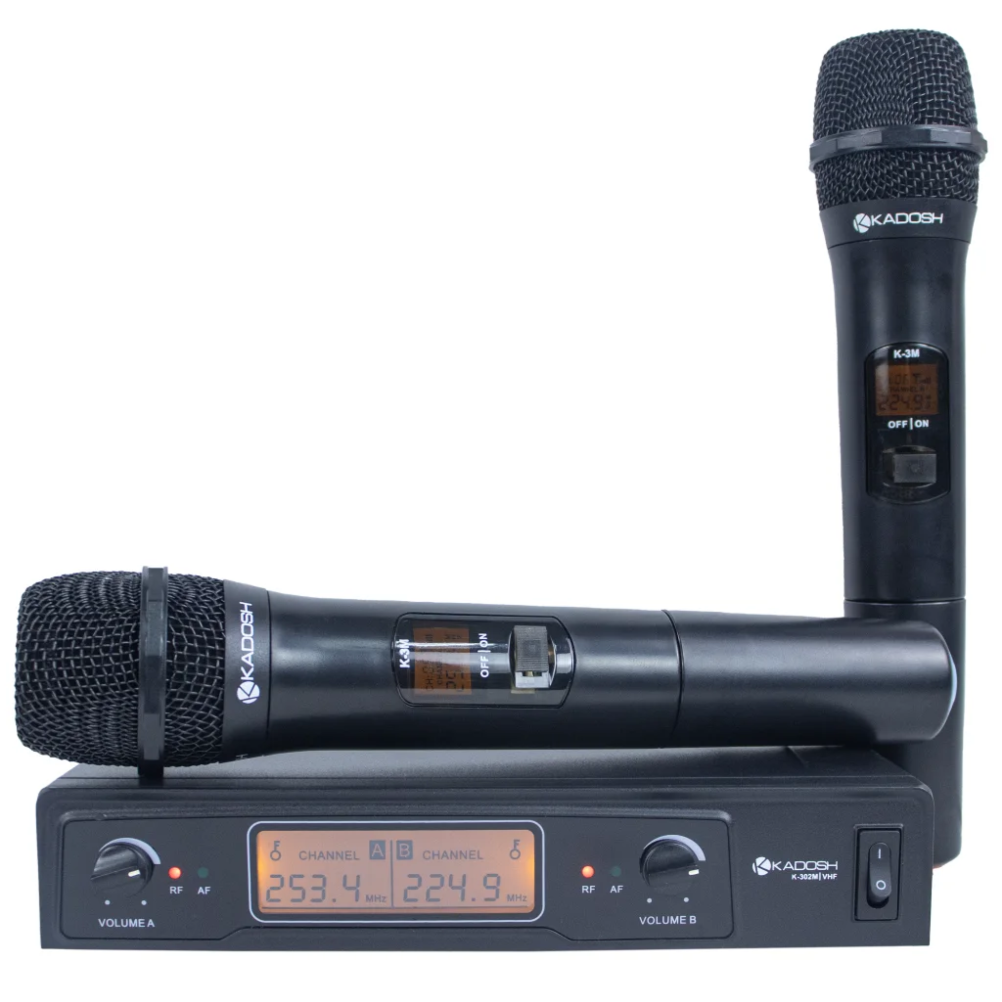 Sistema de Microfone Sem Fio VHF Kadosh K302M Duplo com 2 Microfones de Mão Dinâmicos Cardioides LCD e Alcance de 20m