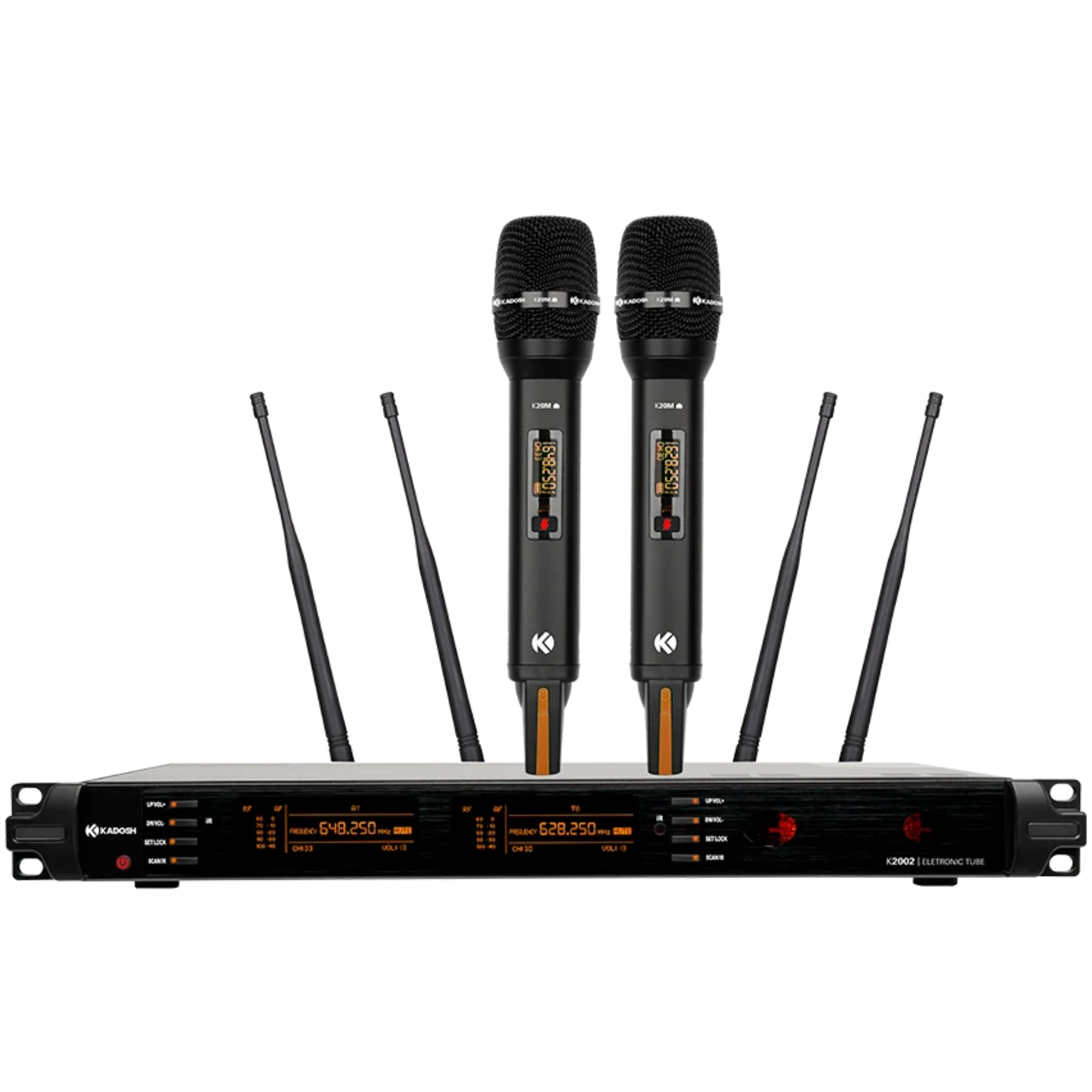 Sistema de Microfone Sem Fio UHF Valvulado Kadosh K2002M Supercardioide True Diversity com 2 Canais e Saídas XLR