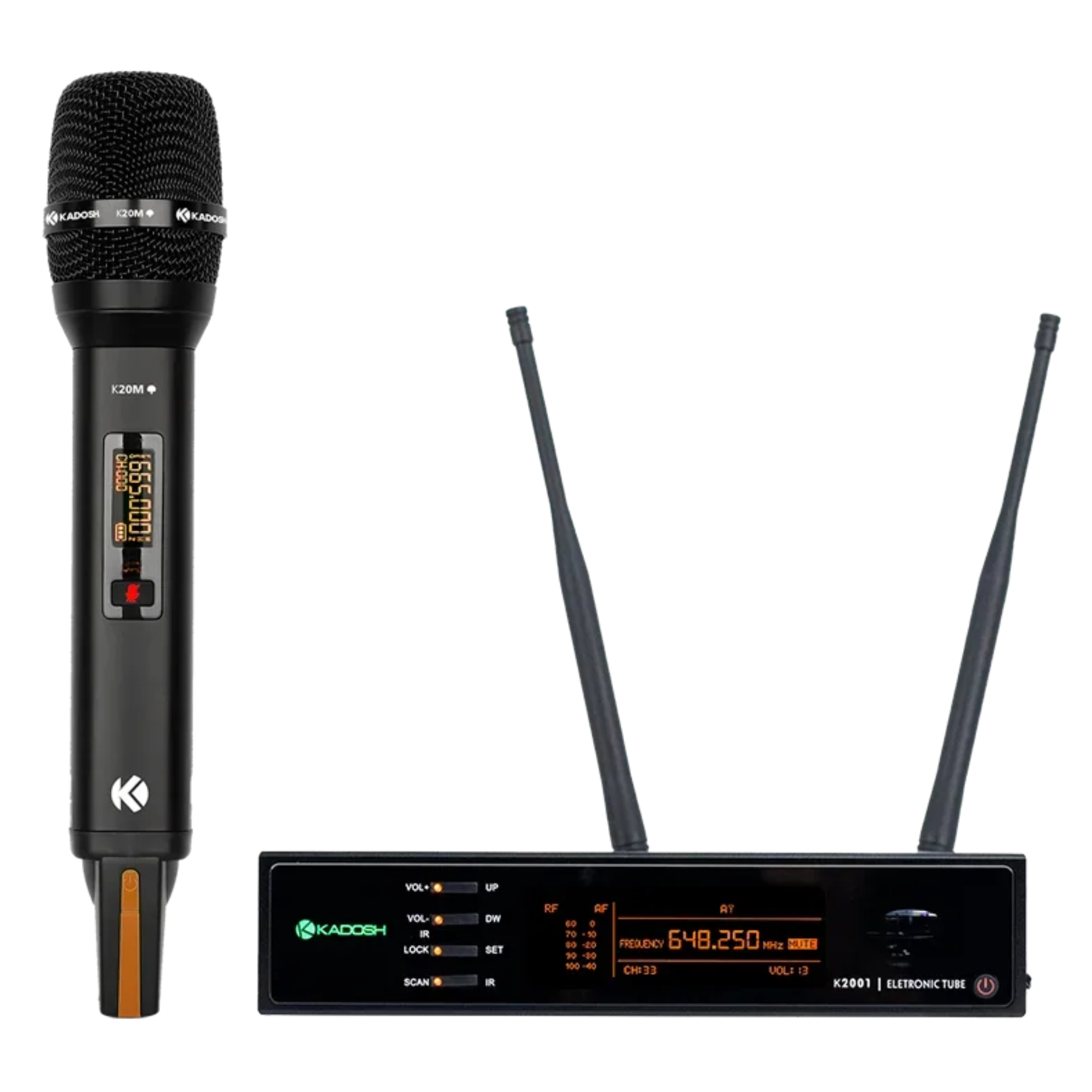 Sistema de Microfone Sem Fio UHF Kadosh K2001M Valvulado Supercardioide True Diversity com 2 Canais e Saídas XLR