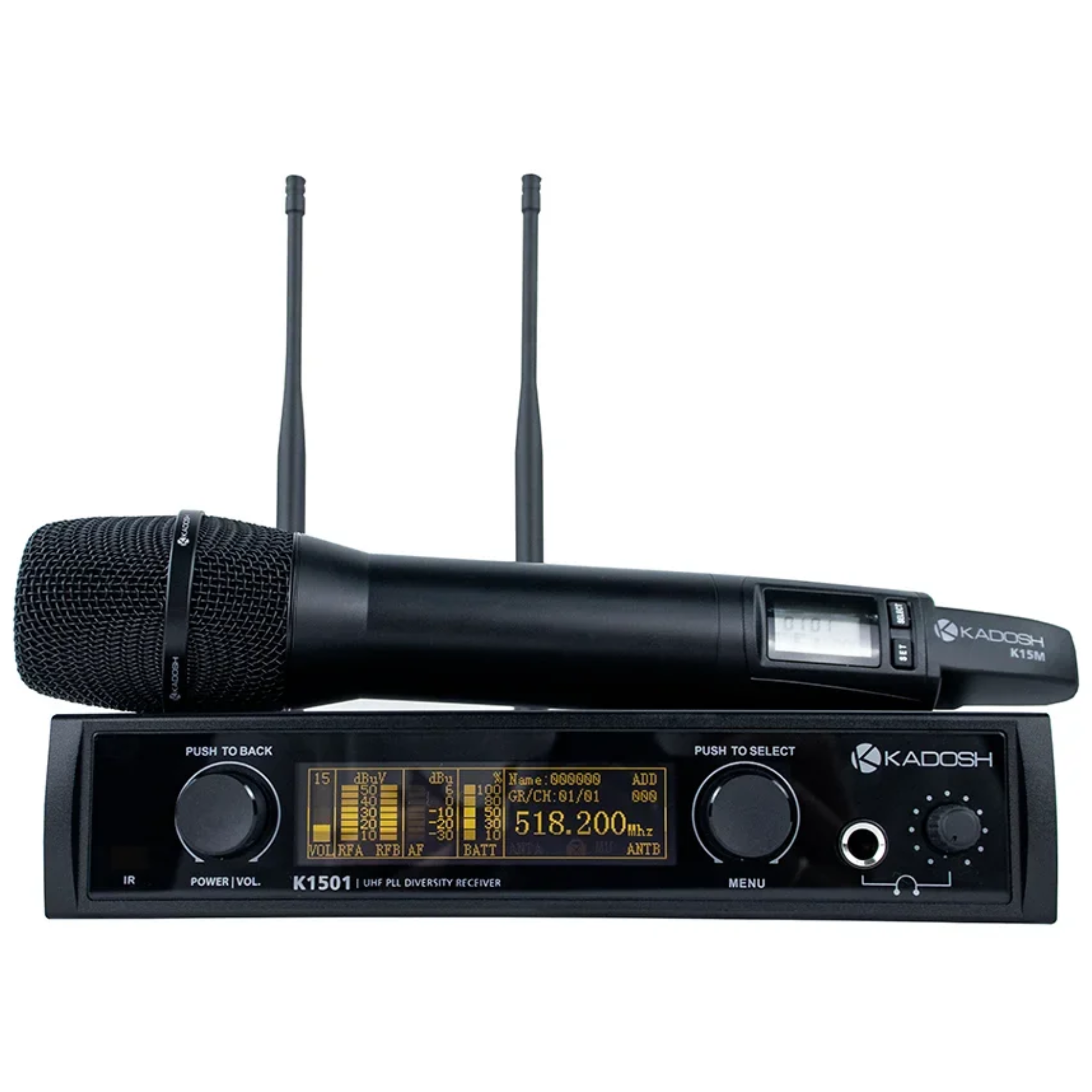 Sistema de Microfone Sem Fio UHF Kadosh K2001M Valvulado Supercardioide True Diversity com 2 Canais e Saídas XLR