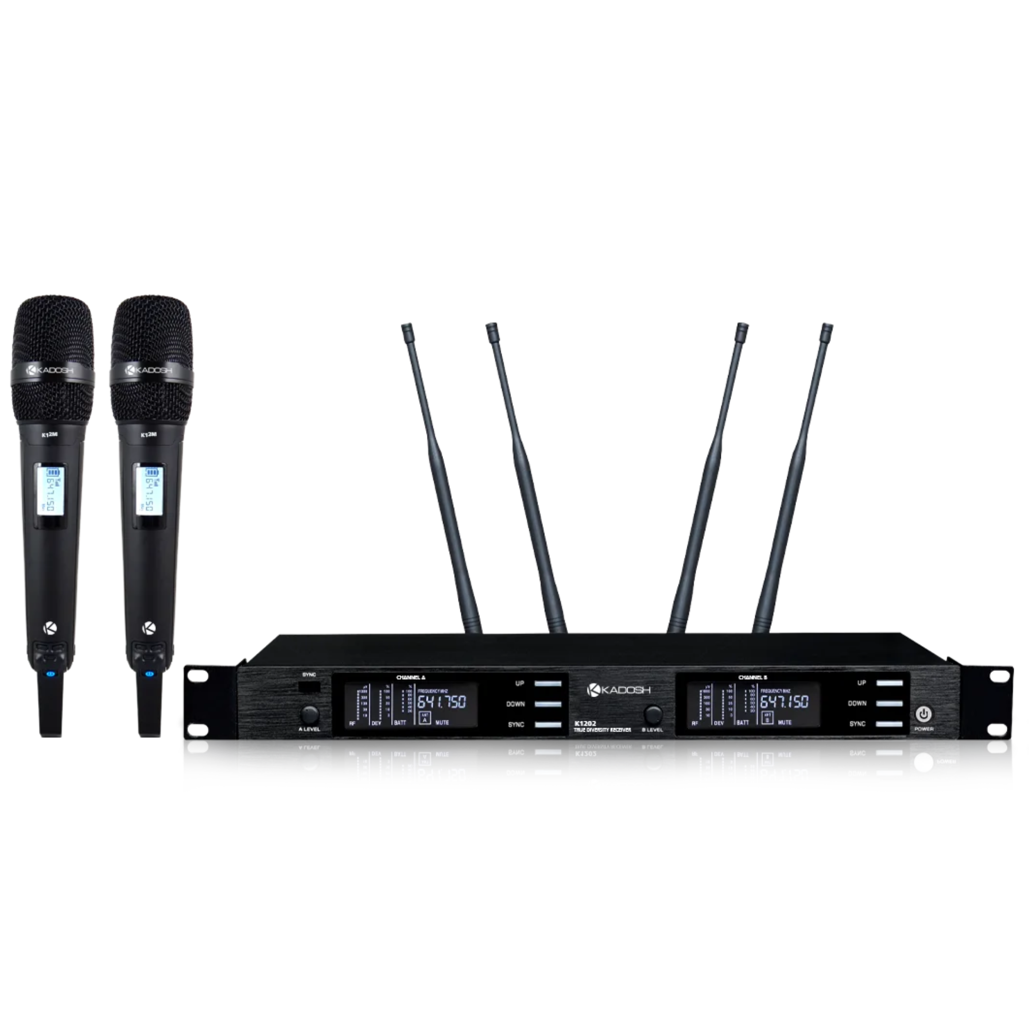 Microfone Duplo Sem Fio UHF Kadosh K1202M True Diversity com 2 Bastões Cápsulas Dinâmicas K-12M e Saídas XLR e Mix Out